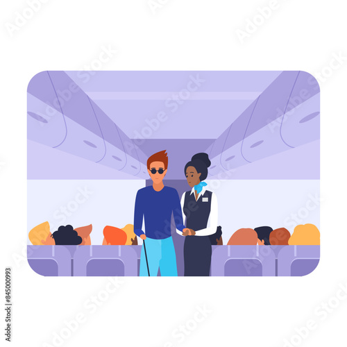 Flight attendant and blind passenger standing together, help to man with disability vector illustration