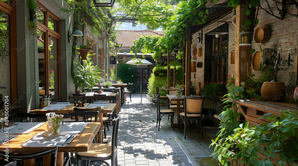 Fototapeta premium Dining at a Charming Restaurant on a Hot Summer Day
