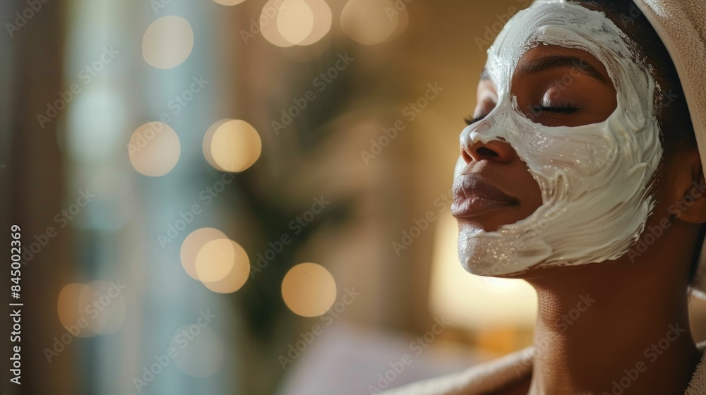 Relaxing retreat woman wearing face mask in bathtub with towel wrapped around head in spa setting Relaxing retreat woman wearing face mask in bathtub with towel wrapped around head in spa setting