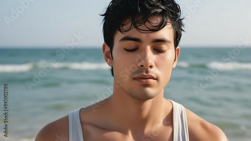 Young man with eyes closed standing in front of the ocean.