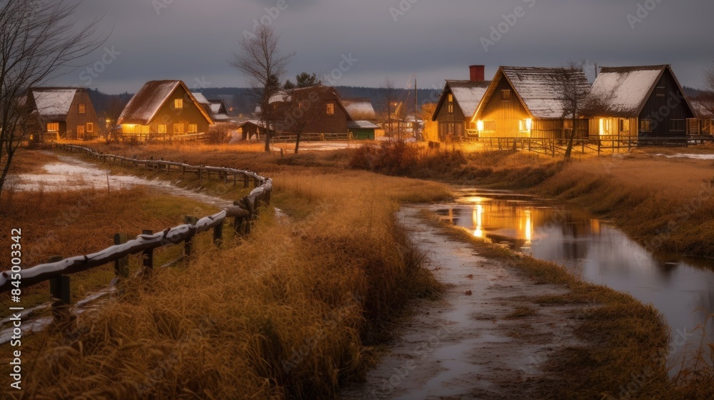 Fototapeta premium A house with a wooden fence sits on a grassy hillside next to a stream
