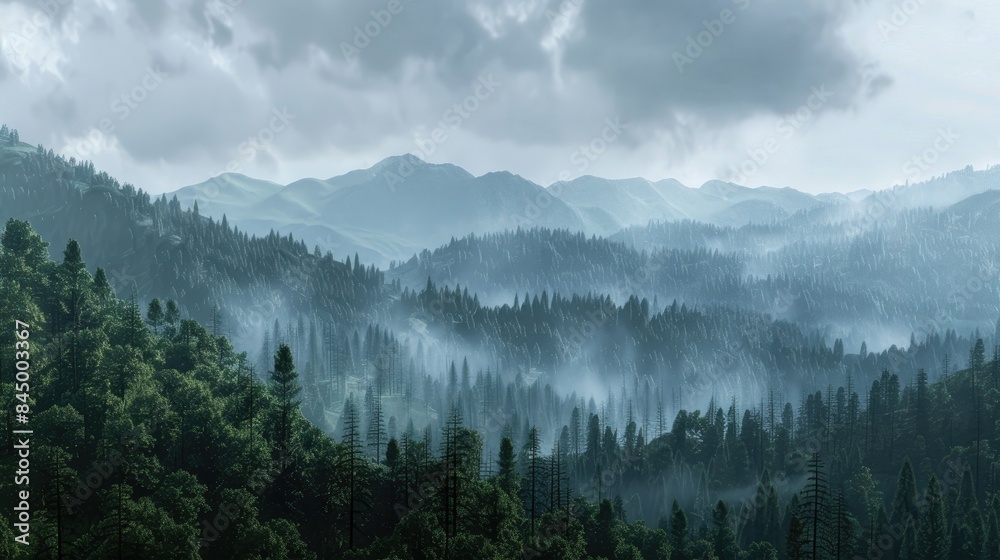Mountain Range covered in trees beneath an overcast sky Mountain Range covered in trees beneath an overcast sky