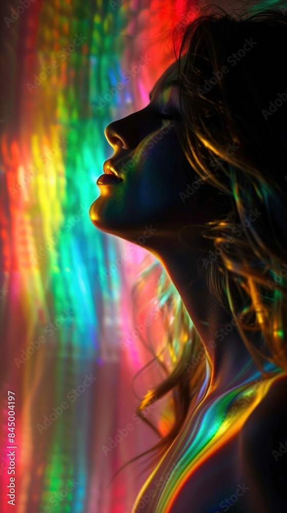 The image features a close-up of a person in profile against a vividly colored background with rainbow-like refractions. The colors cast onto the person's face and body, creating a spectrum of hues th