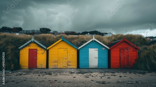 Colorful beach huts under overcast skies