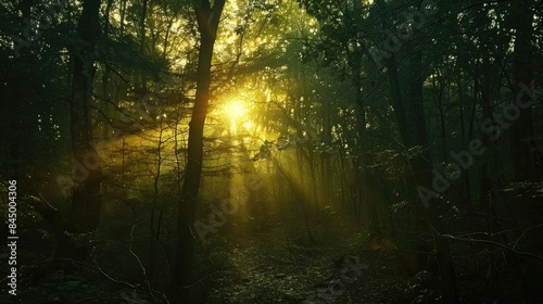 The sun descends in the forest