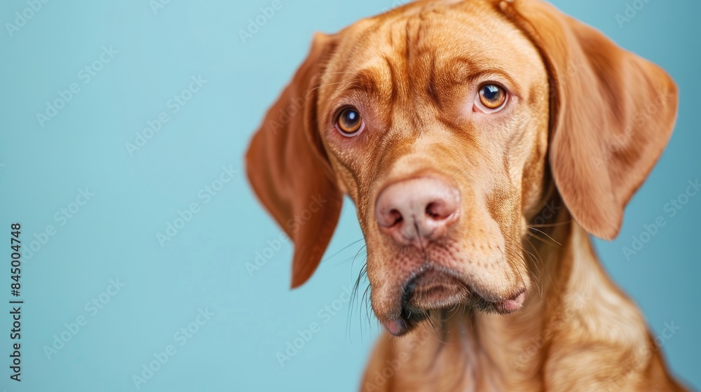 Portrait of Hungarian Vizsla dog in studio with pastel blue background Portrait of Hungarian Vizsla dog in studio with pastel blue background
