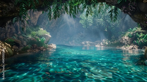 The tranquil waters gently caress the glistening walls of the secret cove as playful glimpses of mermaids play hideandseek in the hazy depths above. .