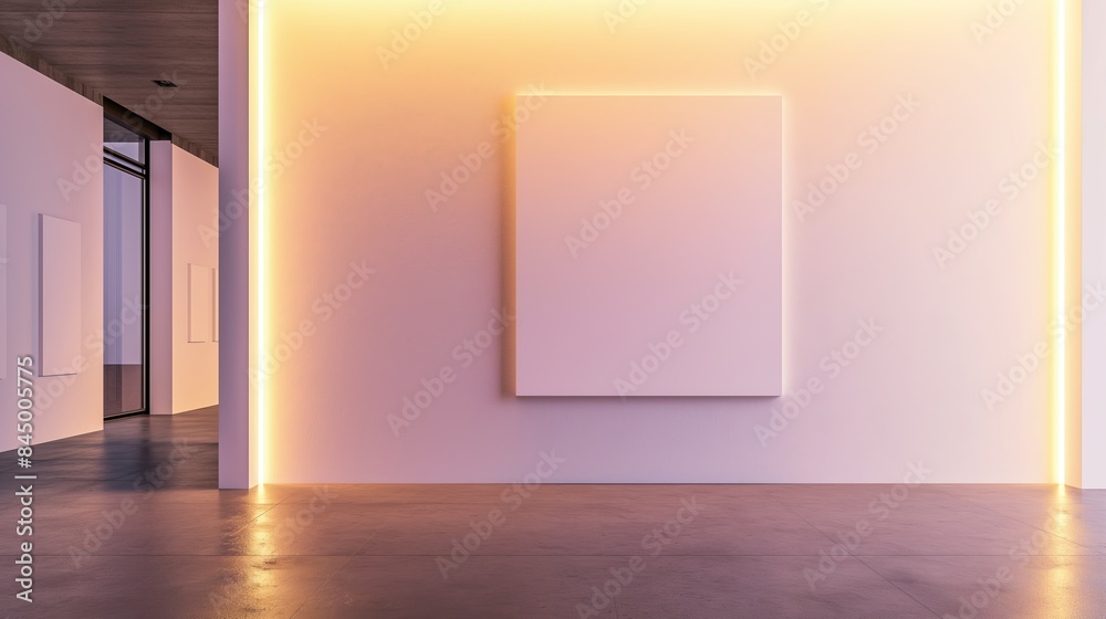 An empty white canvas hangs in a modern gallery space, illuminated by warm overhead lighting An empty white canvas hangs in a modern gallery space, illuminated by warm overhead lighting