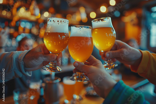 Group of friends tasting freshly brewed pilsner, cheerful ambiance, craft beer bar, top view, social experience, Triadic Color Scheme