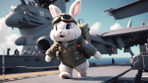 a cute fluffy rabbit pilot walking on a military aircraft carrier, unreal engine render, 8k, cinematic