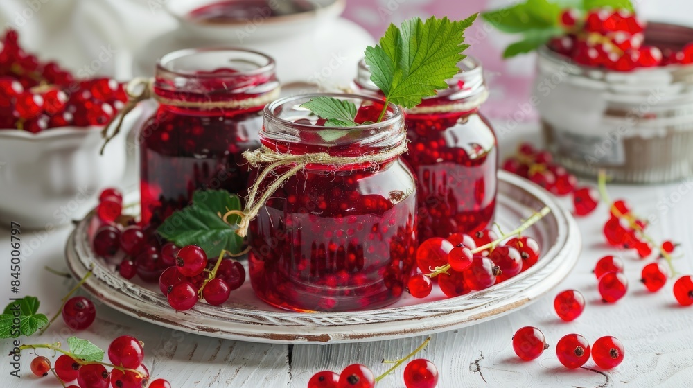 Homemade red currant jam stored in glass jars displayed on a white wooden table with fresh berries and green leaves on a vintage plate Homemade red currant jam stored in glass jars displayed on a white wooden table with fresh berries and green leaves on a vintage plate
