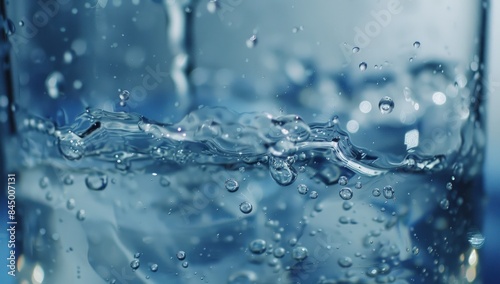 Water being poured into glass, closeup of water in the bottom left corner with bubbles and splash near top right edge, blue background