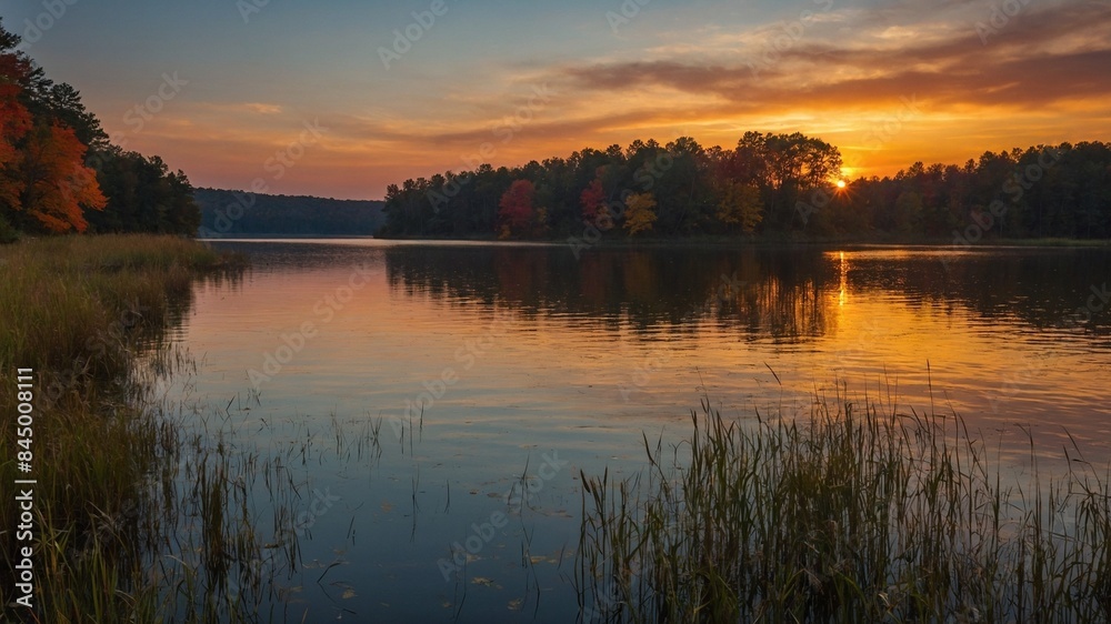 Obraz premium Tranquil lake mirrors warm colors of sunset. Sun partially hidden by trees adorned with autumn leaves. Sky transitions from orange to blue, reeds noticeable in foreground.