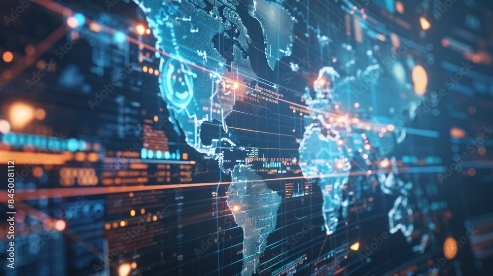 Obraz premium Animation of global data processing and screen Global finance, business, connectivity, cloud computing