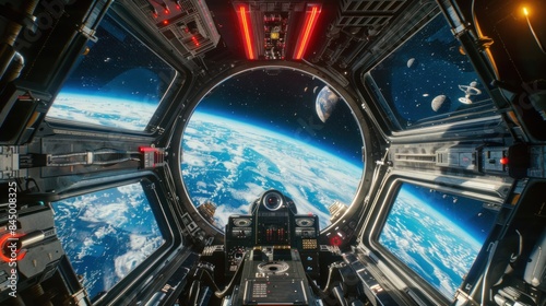 Fototapeta Naklejka Na Ścianę i Meble -  Inside a spaceship with a 3D view of space and planet earth.