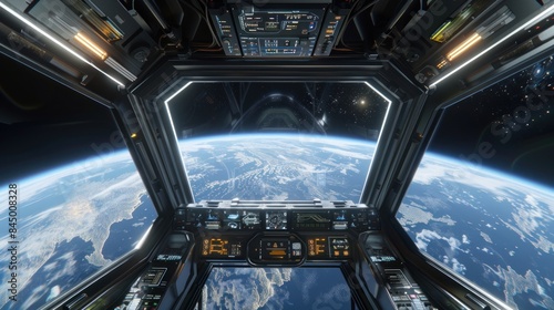 Fototapeta Naklejka Na Ścianę i Meble -  Inside a spaceship with a 3D view of space and planet earth.
