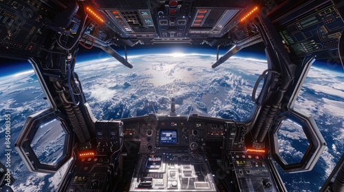 Fototapeta Naklejka Na Ścianę i Meble -  Inside a spaceship with a 3D view of space and planet earth.