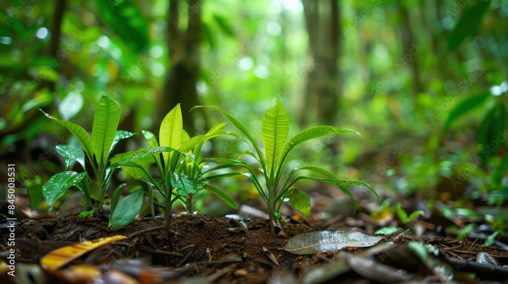 Young shoots wild plants growing on land with decaying wood of tropical rainforest. Young shoots wild plants growing on land with decaying wood of tropical rainforest.