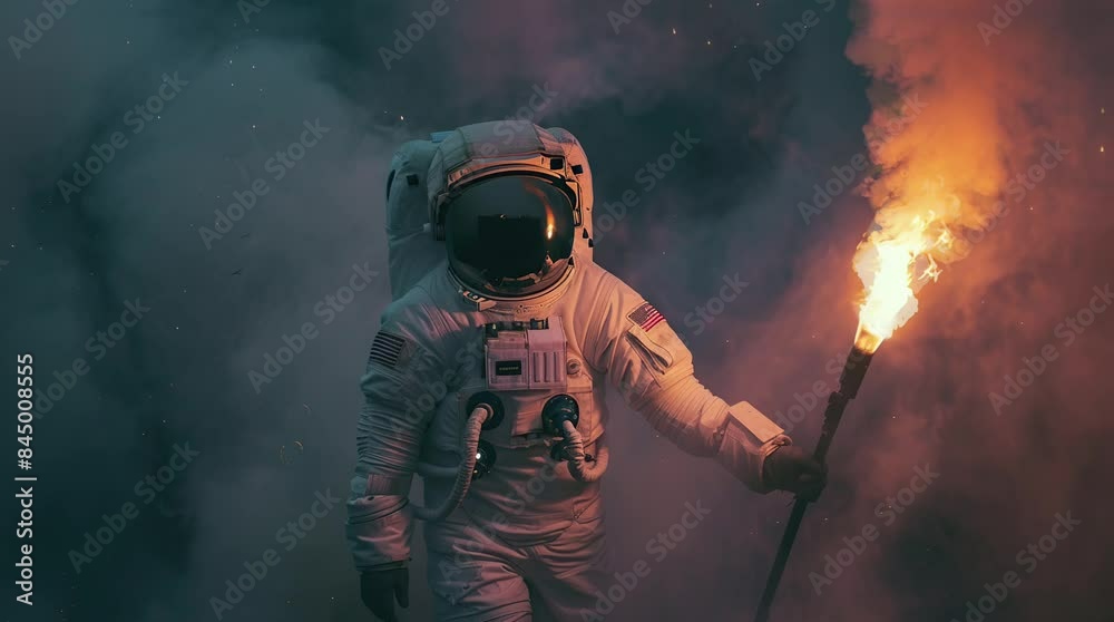 Courageous astronaut holding a fire torch amidst thick black smoke in space
 Seamless looping 4k time-lapse virtual video animation background. Generated AI