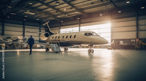 private jet sitting in the middle of the hangar with the hangar doors open behind it, with natural light illuminating the aircraft and the hangar interior.