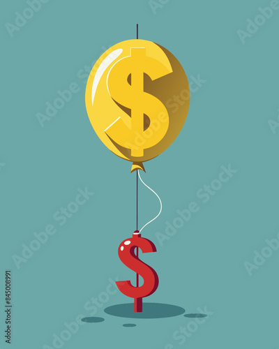 No longer a symbol of purchasing power the currency symbol resembles a deflated balloon on a string hanging limp and useless.. Vector illustration