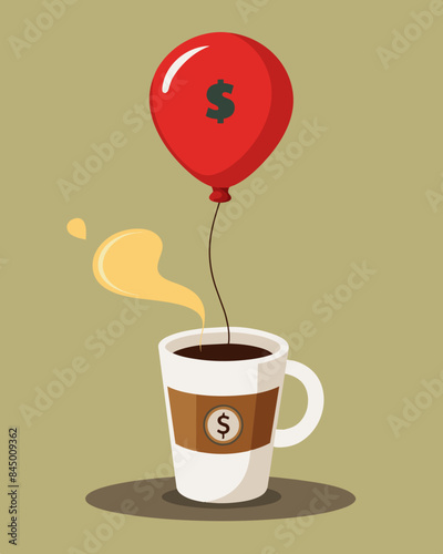 The cost of a simple cup of coffee had inflated to an excessive amount resembling a blown up balloon.. Vector illustration