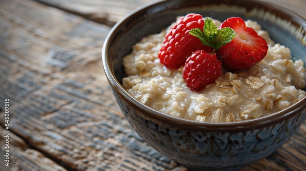 Nutritious Oatmeal on Wooden Table Nutritious Oatmeal on Wooden Table