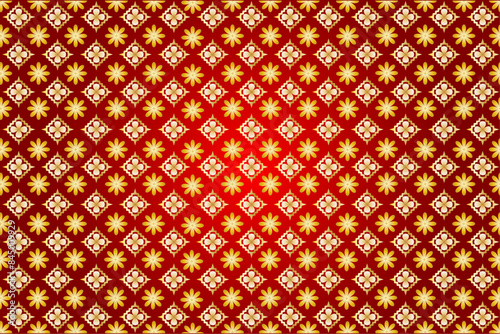 Golden floral and ethnic Thai pattern on an abstract red background.