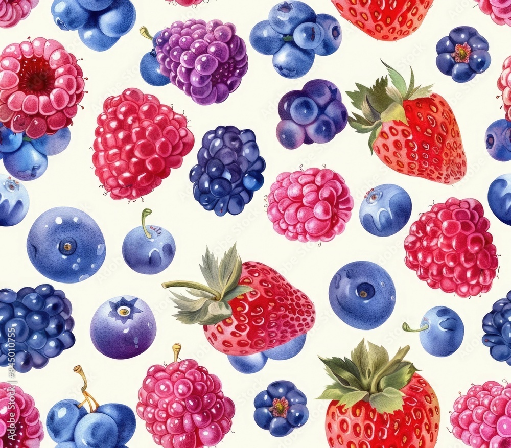 Seamless pattern showcasing a delectable medley of vibrant berries in soothing pastel hues including raspberries blueberries strawberries and blackberries Seamless pattern showcasing a delectable medley of vibrant berries in soothing pastel hues including raspberries blueberries strawberries and blackberries