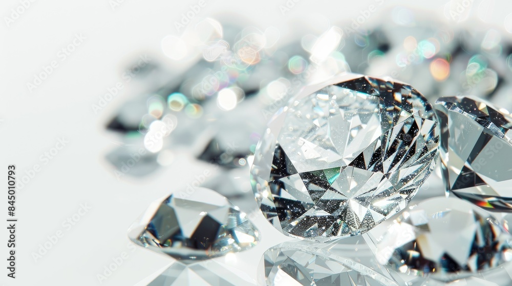 Expensive cut diamonds on white background with reflections plenty of space for text Expensive cut diamonds on white background with reflections plenty of space for text