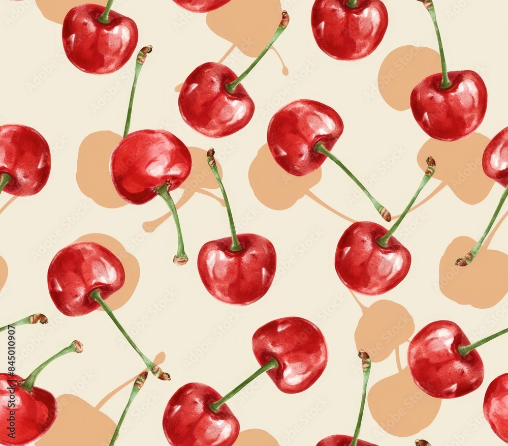 Delicate pastel cherry pattern with a seamless repetitive design showcasing the soft organic form and rich red color of ripe cherries This botanical background features a stylized Delicate pastel cherry pattern with a seamless repetitive design showcasing the soft organic form and rich red color of ripe cherries This botanical background features a stylized