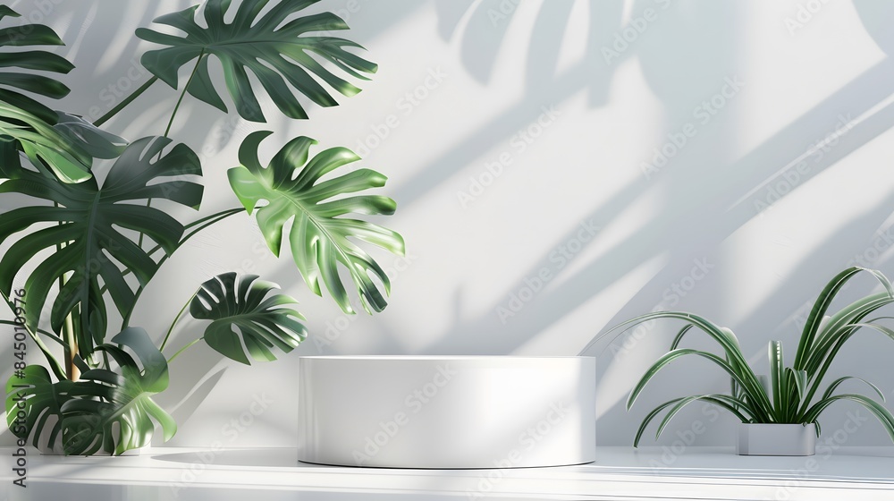 3D product presentation background with white podium and monstera leaf. 3D product presentation background with white podium and monstera leaf.