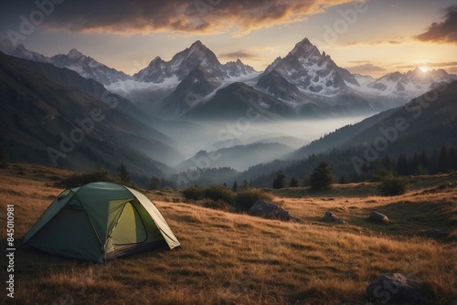 Mountain Peak Vista: An awe-inspiring panorama of a mountain peak viewed from a campsite nestled in the valley below.