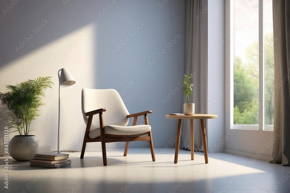 Tranquil Study Spot: A minimalist arrangement with a sleek, modern chair positioned next to a small table Tranquil Study Spot: A minimalist arrangement with a sleek, modern chair positioned next to a small table
