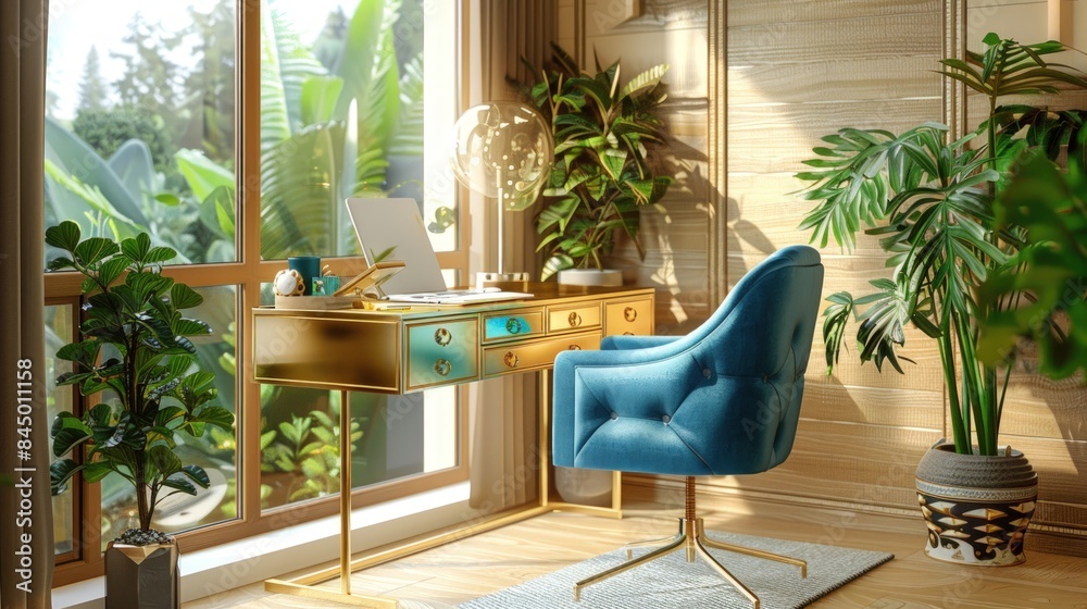 Fototapeta premium 3D rendering of a cozy home office interior with a golden desk