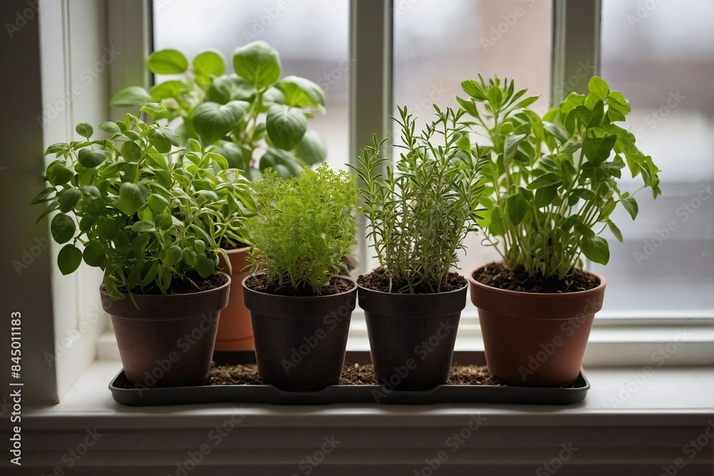 Windowsill Garden: A series of potted herbs on a windowsill. Windowsill Garden: A series of potted herbs on a windowsill.