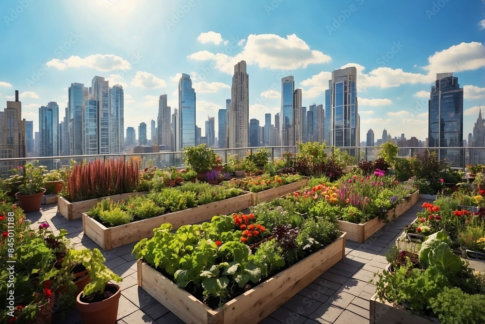 Fototapeta premium Urban Rooftop Garden: an urban rooftop transformed into a vibrant garden.
