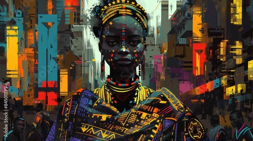 Proud and Vibrant African Woman Wearing a Magnificent Kente Cloth Garment Statuesque Posture Bold Colors and Geometric Designs Charcoal Sketch Chiaroscuro Afrofuturistic Cityscape photo