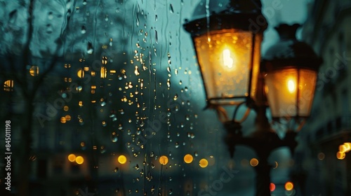 Softly blurred street lamps and buildings adorned with glittering raindrops evoking a quiet and lonely mood for an early morning walk through the city. . #845011198