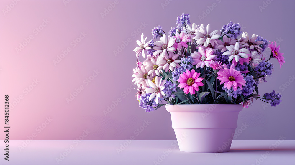 Beautiful spring flowers in a ceramic vase on a light purple background Beautiful spring flowers in a ceramic vase on a light purple background