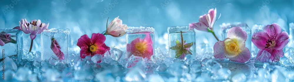 Blooming flowers trapped in frozen cubes closeup Blooming flowers trapped in frozen cubes closeup