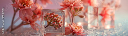 Frozen Blooming Flowers Closeup, Trapped in Ice Cubes, Daroonwan Variety