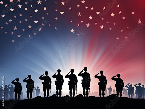 Luxury Memorial Day banner with copy space, USA Veterans Day background, soldier silhouette, and flower field.