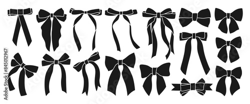Ribbon bows stamp set. Trendy elegant simple sign bow for celebrations Valentines Day, wedding or birthday decoration. Various cartoon icon knot gift symbol tape ribbon accessory. Vector illustration