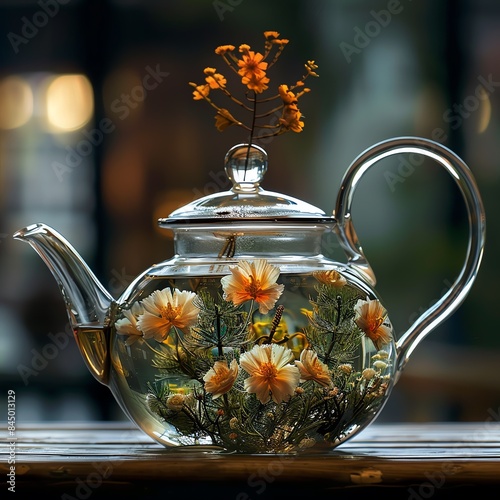 Detailed shot of a glass teapot with blooming tea flowers inside, captured mid-bloom photo