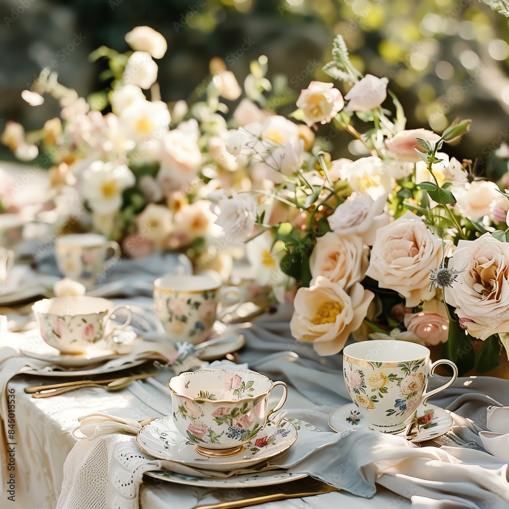 An elegant tea party setup with floral teacups, vintage linens, and blooming flowers An elegant tea party setup with floral teacups, vintage linens, and blooming flowers