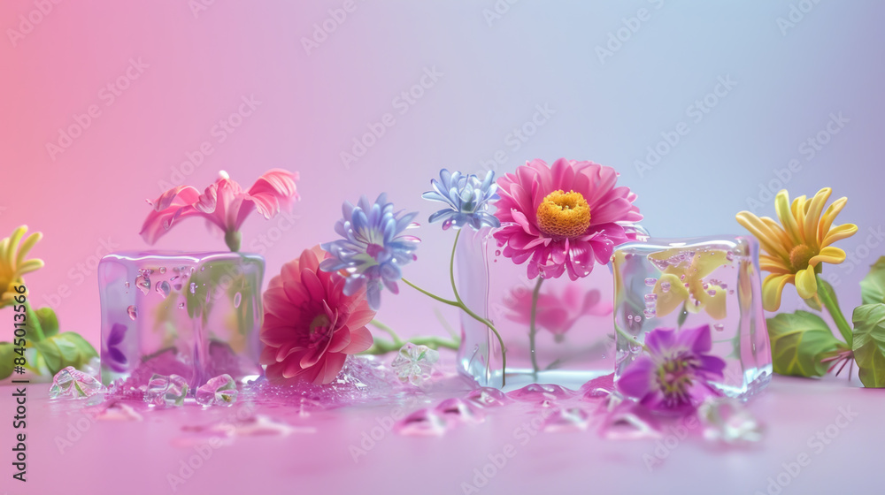 Obraz premium Ice Cube Botanical Beauty, Colorful flowers encased in clear ice cube