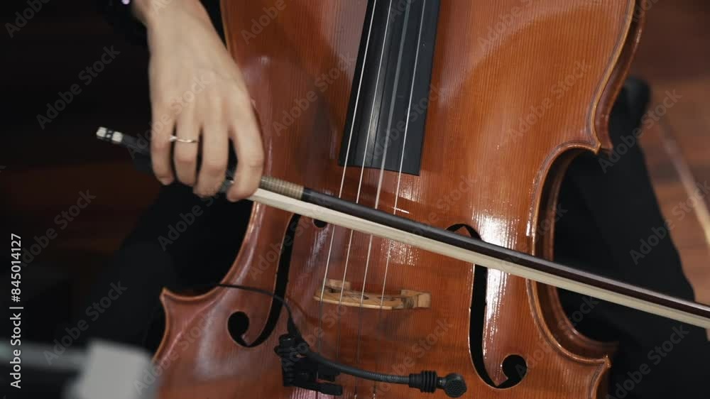 Close-up of a cellist's hand playing a wooden cello with a bow. Close-up of a cellist's hand playing a wooden cello with a bow.