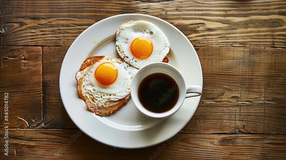 Traditional British breakfast with two eggs cooked sunny side up served on a white plate placed on a wooden table alongside black tea and milk Traditional British breakfast with two eggs cooked sunny side up served on a white plate placed on a wooden table alongside black tea and milk