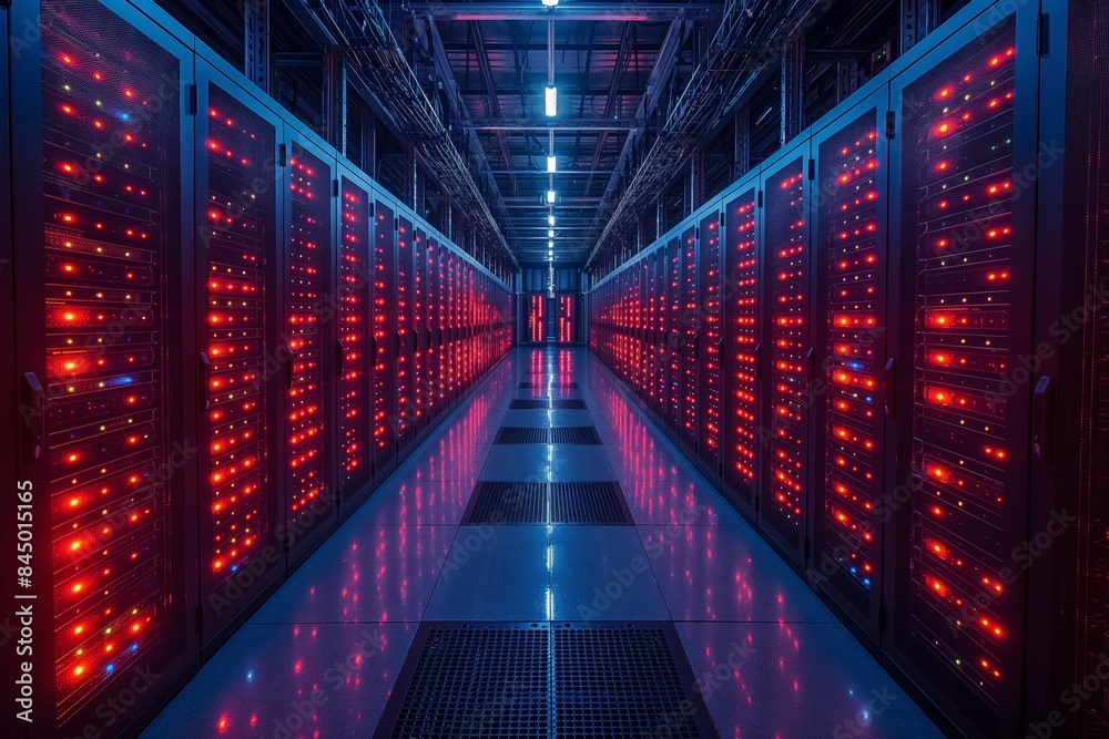 Fototapeta premium Modern red and blue lit data center aisle